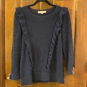 LOFT Navy Knit Sweater with Ruffles